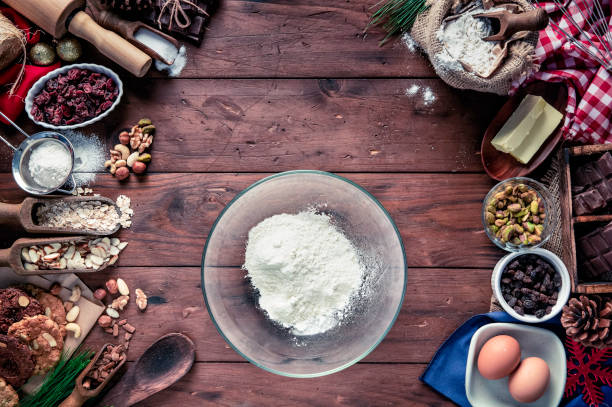 Ingredients for chocolate and nuts cookie making. Christmas themes.