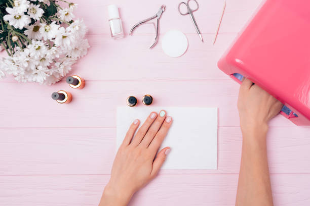 istock Woman hand polymerizing shellac covering in ultraviolet lamp 1061447794
