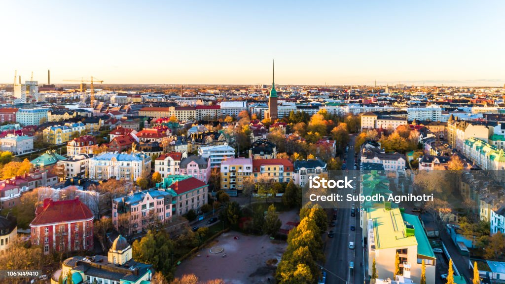 Aerial view of Helsinki city.sky and clouds and colorful buildings. Helsinki, Finland. Helsinki aerial panoramic view at sunset, Finland. Finland Stock Photo