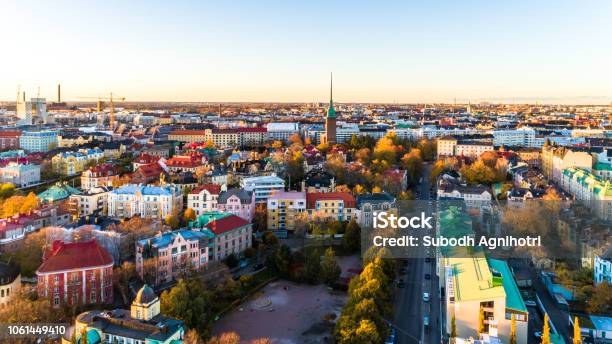 Aerial View Of Helsinki Citysky And Clouds And Colorful Buildings Helsinki Finland Stock Photo - Download Image Now