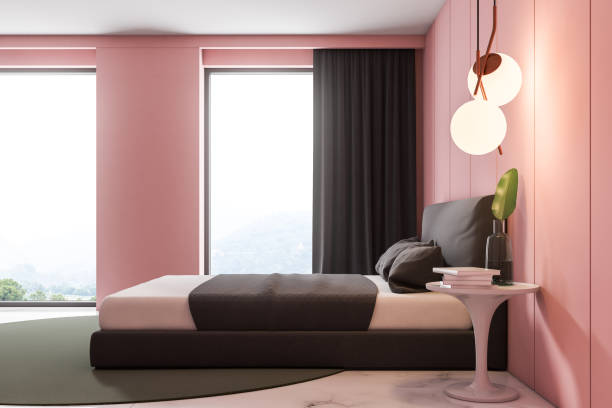 istock Pink loft bedroom interior, double bed side view 1061455414