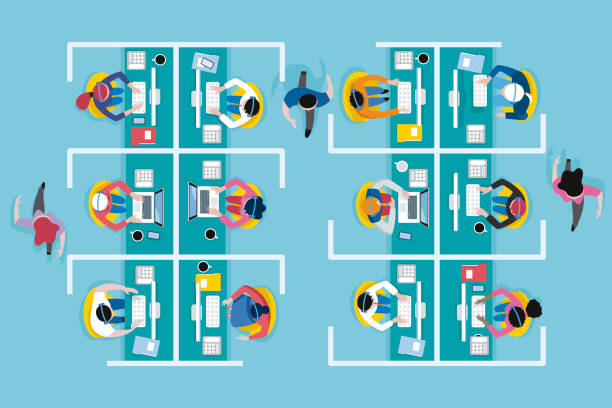 Top view call center Top view of an office call center with workers working with computers and headset in cubicles.
Vector illustration. corporate office cubicle stock illustrations