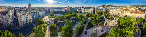 Budapest, Hungary - Aerial panoramic view of Elisabeth square (Erzsebet ter) at sunrise stock photo