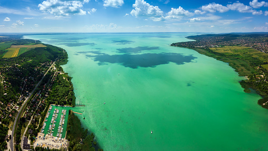 Balatonfuzfo, Hungary - Panoramic aerial skyline view of the Fuzfoi-obol. This view includes Balatonfuzfo, Balatonalmadi, Balatonkenese and yacht marina of Balatonfuzfo