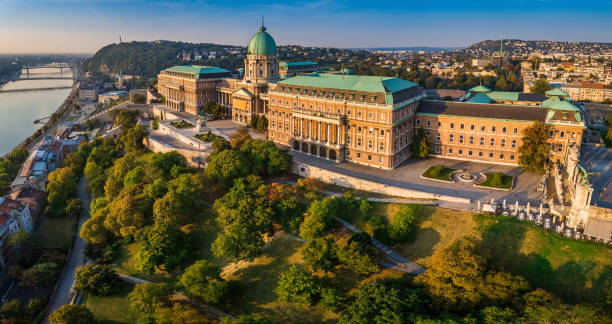 Budapest, Hungary - Aerial panoramic view of the beautiful Buda Castle Royal Palace at sunrise with Gellert Hill stock photo