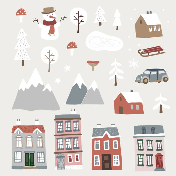 stockillustraties, clipart, cartoons en iconen met set van leuke kerst landschap, stad en dorp iconen. hand getrokken huizen, sneeuwpop, bergen en bomen. geïsoleerde winter vectorobjecten, platte ontwerp. - sneeuw illustraties
