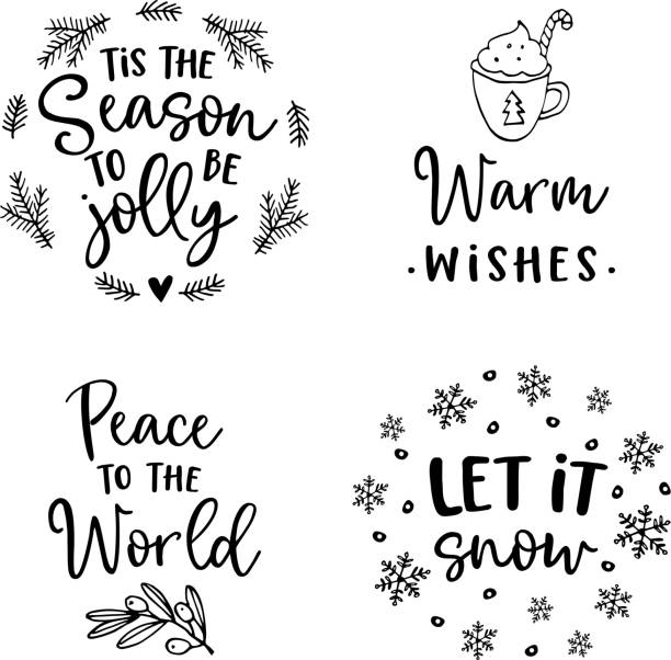 Christmas and New Year lettering set.  Hand lettered quotes for greeting cards, gift tags, labels. Typography collection. Vector illustrations, frames. Christmas and New Year lettering set.  Hand lettered quotes for greeting cards, gift tags, labels. Typography collection. Vector illustrations, frames. snowflake shape drawings stock illustrations