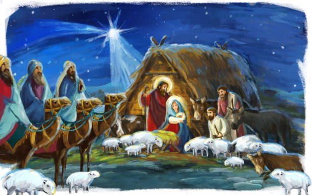 ilustraciones, imágenes clip art, dibujos animados e iconos de stock de escena de navidad tradicional con sagrada familia reyes corderos y burros - joseph