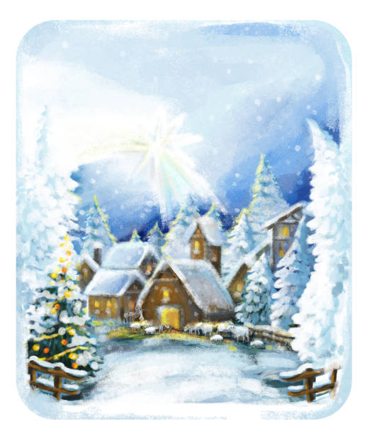 istock traditional christmas scene with shooting star over some vintage city 1061472988