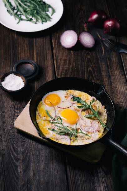 istock low carb food, eggs with bacon and arugula 1061477148