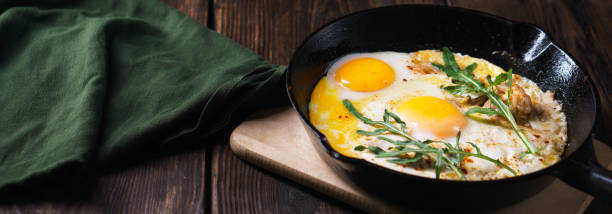 istock Homemade food, roasted eggs with bacon and onions 1061477158