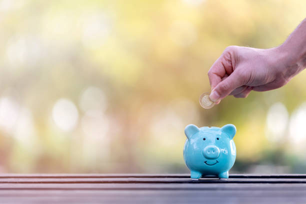 istock Hand putting coin into Blue piggy 1061477762