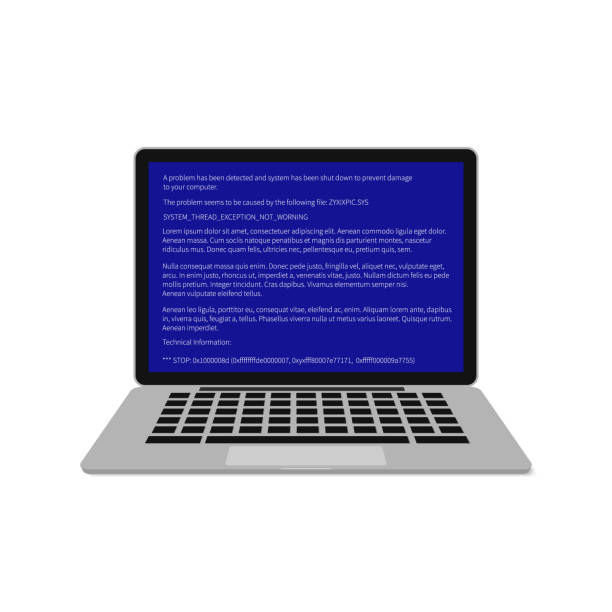istock Laptop with blue screen of death (BSOD). System crash report. Fatal error of software or hardware. Broken computer vector illustration. Easy to edit template for your design projects. 1061479270