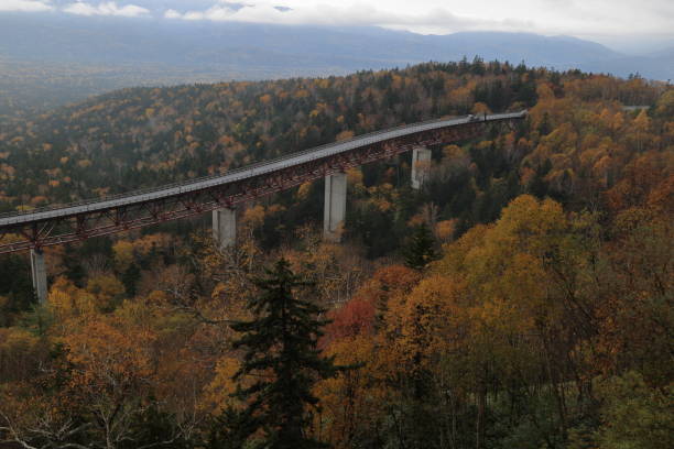 Autumn picture of Mikuni Pass, Hokkaido, Japan Extremely beautiful during autumn time when you see red, yellow, green, brown come together to form a picturesque view. mikuni pass stock pictures, royalty-free photos & images