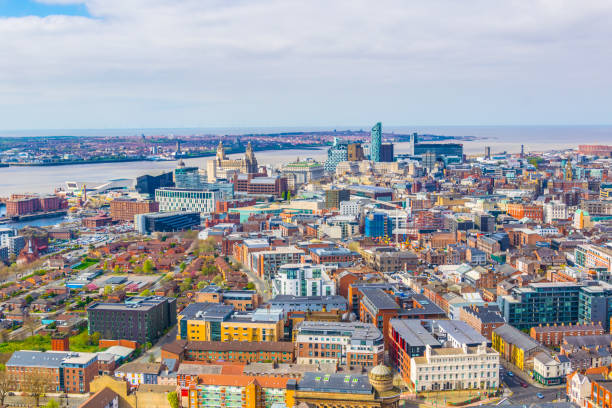 aerial view of liverpool including three graces, england - cunard building imagens e fotografias de stock