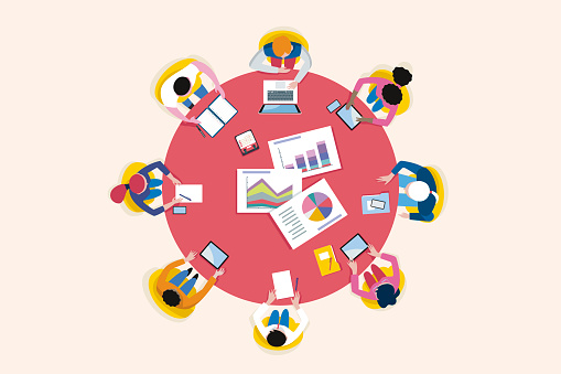Top view business meeting arround a circular table. Vector illustration.