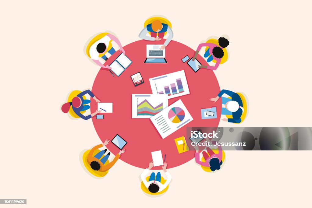 Top View Business Meeting Arround Circular Table Top view business meeting arround a circular table. Vector illustration. Meeting stock vector