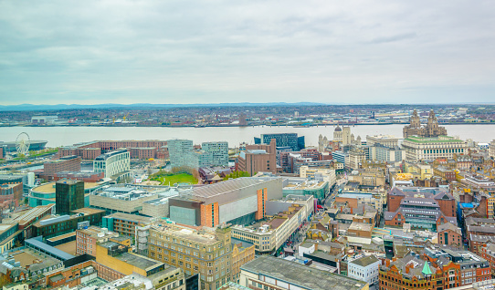 Aerial view of three graces and albert dock in Liverpool, England