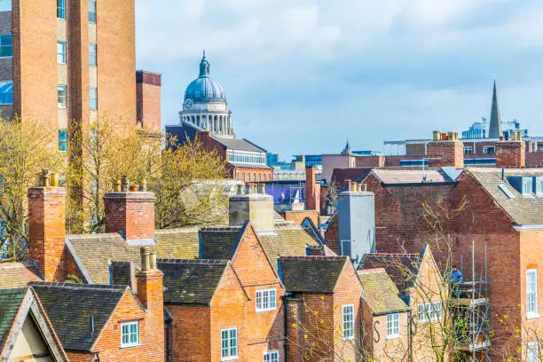 Aerial view of nottingham dominated by cupola of the town hall, England