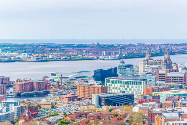 aerial view of three graces and albert dock in liverpool, england - liverpool stadium built structure building exterior imagens e fotografias de stock