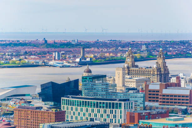 aerial view of liverpool including three graces, england - cunard building imagens e fotografias de stock