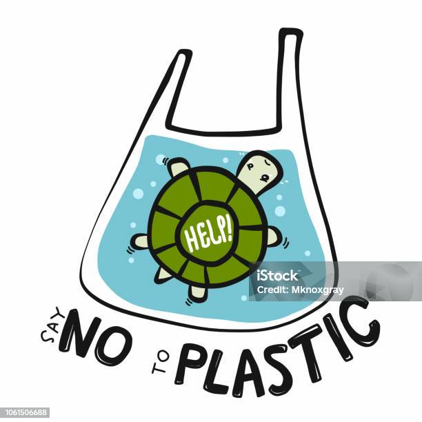 Turtle Say No To Plastic Cartoon Vector Illustration Doodle Style Stock Illustration - Download Image Now