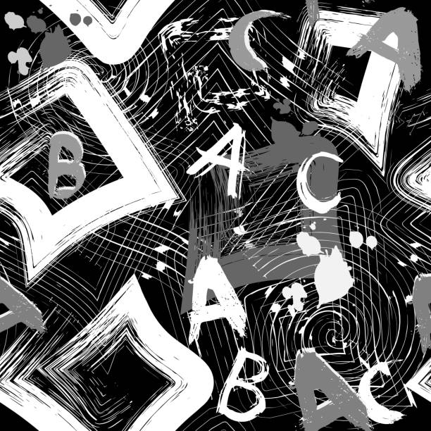 istock Urban geometric vector black and white abstract seamless pattern. Abc wallpaper. Grunge patterned dirty background. Monochrome textured repeating modern design. Grungy letters, spots, meanders 1061512300