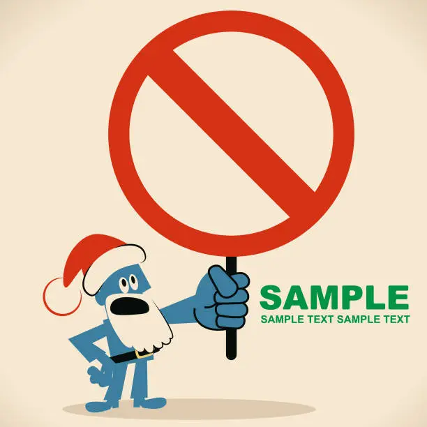 Vector illustration of Cute blue Santa Claus showing a empty prohibition sign