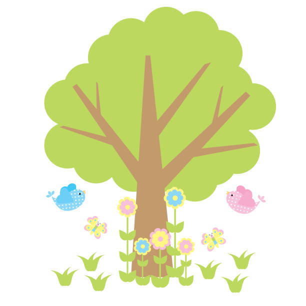 かわいい鳥、木、花と蝶ベクトル漫画赤ちゃん保育園の壁に適して - leaf greeting card love cute点のイラスト素材／クリップアート素材／マンガ素材／アイコン素材