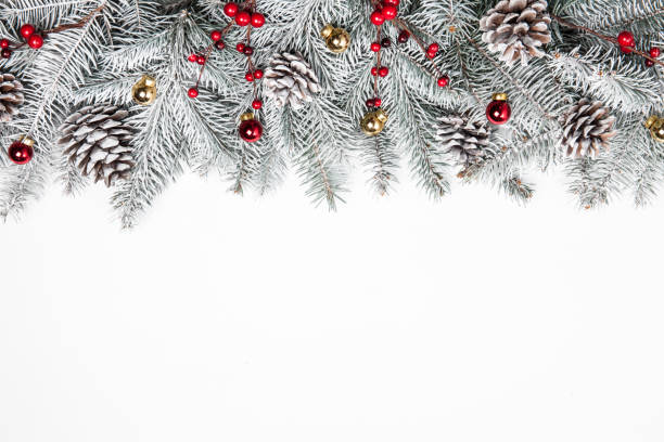 istock Christmas card. White background with snow fir tree and decoration. Top view with copy space for your text 1061521696