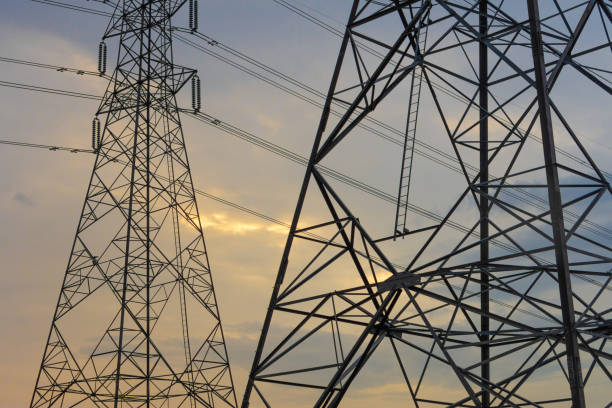 istock Electricity concept. Close up high voltage power lines station. 1061522788