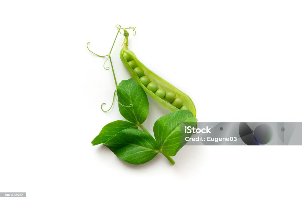Isolated green peas. Isolated sweet green peas. Top view. White background. Green Pea Stock Photo
