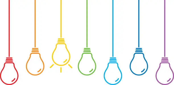 Vector illustration of Hanging Colorful Line Art Light Bulbs