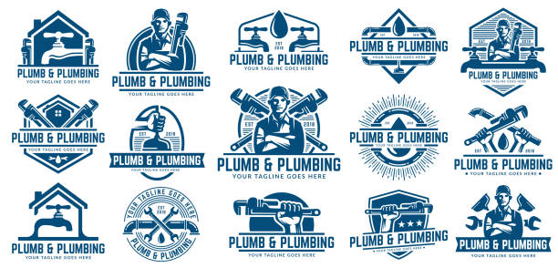 15 배관 디자인 이나 아이콘 템플릿 팩, 복고풍 또는 빈티지 스타일. - plumber stock illustrations