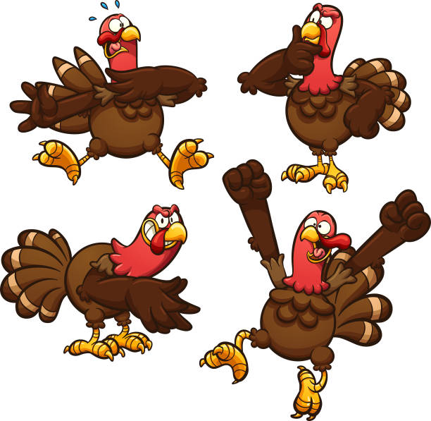 Cartoon turkey Cartoon Thanksgiving turkey in different poses.  Vector clip art illustration with simple gradients. Each on a separate layer. turkey bird stock illustrations