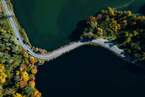 istock Road in the autumn forest aerial view with lake 1061550068