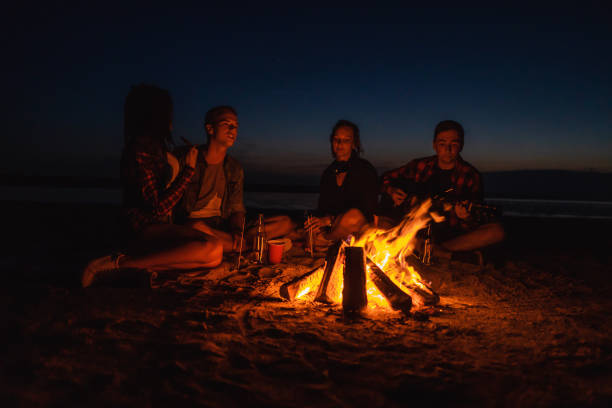istock young friends have picnic with bonfire on the beach 1061561240