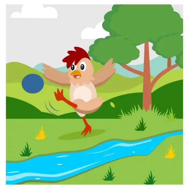 Vector illustration of cute little chicken play soccer ball in the forest, cartoon character