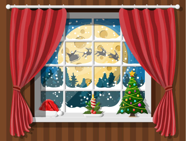 istock Santa claus and his reindeer looks in room window. 1061587010