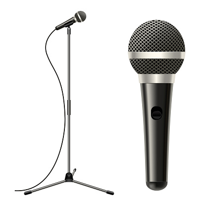Realistic Detailed 3d Stage Microphone, Cable with Stand Equipment for Performance, Entertainment, Studio, Karaoke Sing or Concert. Vector illustration