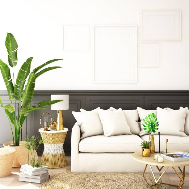 istock interior design for living area or reception with sofa,plant,sidetable,props on wood floor and white and black in Scandinavian style background  / 3d illustration,3d rendering 1061597890