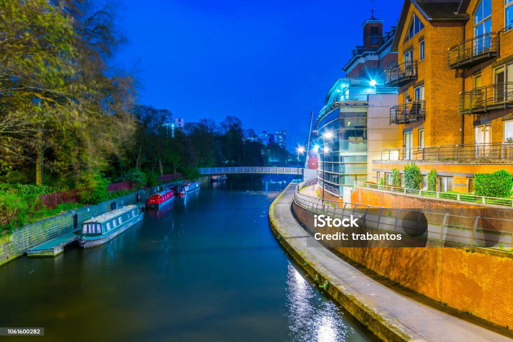 Night view of riverside of river Soar in Leicester, England Leicester Stock Photo