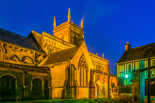 Night view of Saint Mary de Castro church in Leicester, England