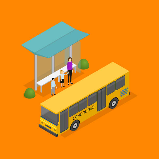 도시 대 중 교통 3 차원 isometric 보기. 벡터 - bus child waiting education stock illustrations