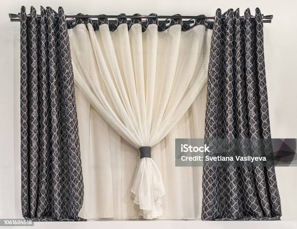Design Of A Small Window In A Modern Style Combined Curtain With Eyelets Black Fabric With Design Of A Small Window In A Modern Style Combined Curtain With Eyelets Black Fabric With