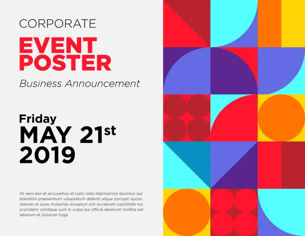 Vector illustration of Business Announcement Vector Card. Event Poster Template with Colorful Geometric Shape. Commercial Advertisement Backdrop. Web Seminar, Business Conference, Webinar Abstract Background. Modern Design.