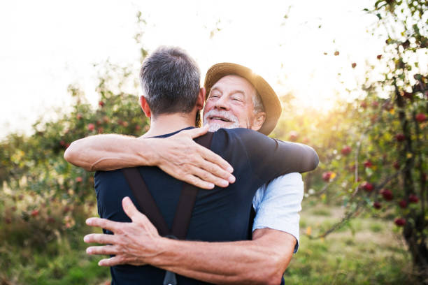 un uomo anziano e un figlio adulto in piedi nel meleto in autunno, abbracciando. - mature adult immagine foto e immagini stock