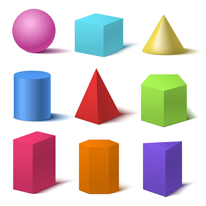 Realistic Detailed 3d Color Basic Shapes Set Isolated on White Background Include of Cube, Cylinder, Sphere and Cone. Vector illustration