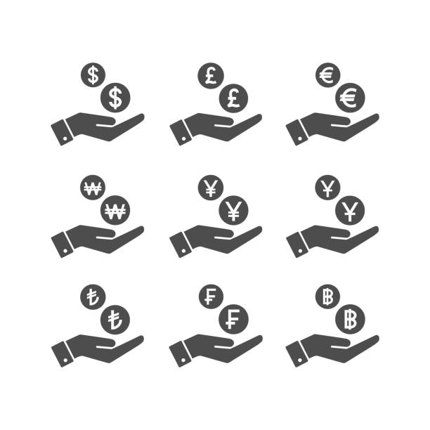Human hand and money dropping coins. Human hand and money dropping coins. Savings and payment concept vector glyph icons. british falling pounds stock illustrations