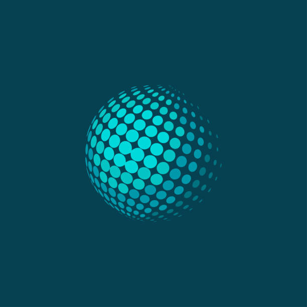 ilustrações de stock, clip art, desenhos animados e ícones de abstract dotted halftone sphere on blue background. plane colors - blue ball